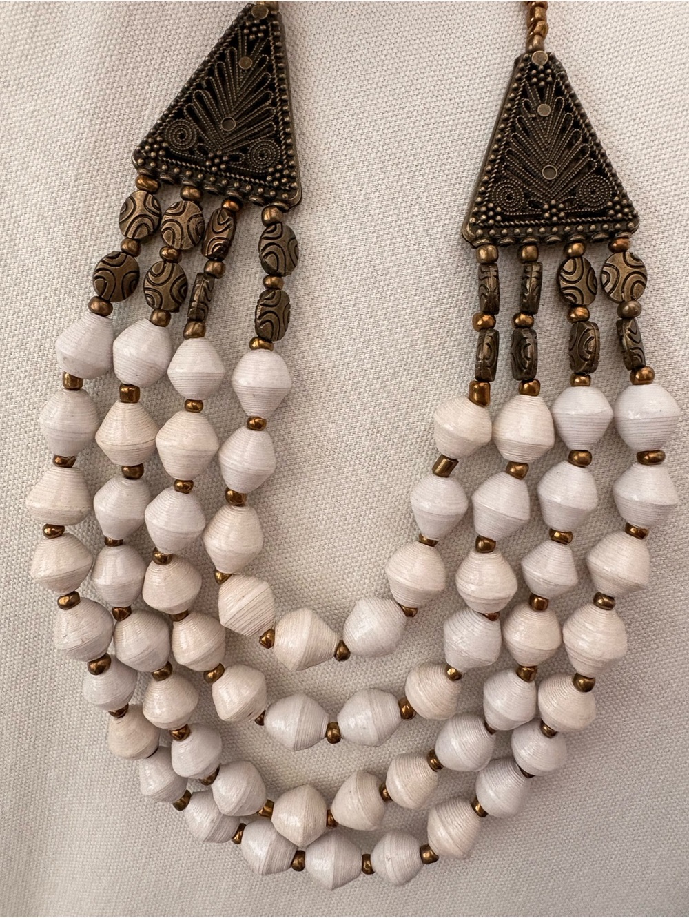 White Paperbead Multi-Strand Statement Necklace with Brass accents
